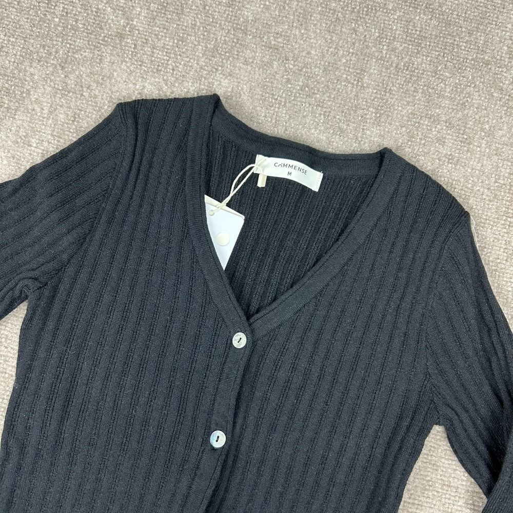 Commense Cardigan Sweater Women's Medium Black Ribbed Knit V-Neck Button Front